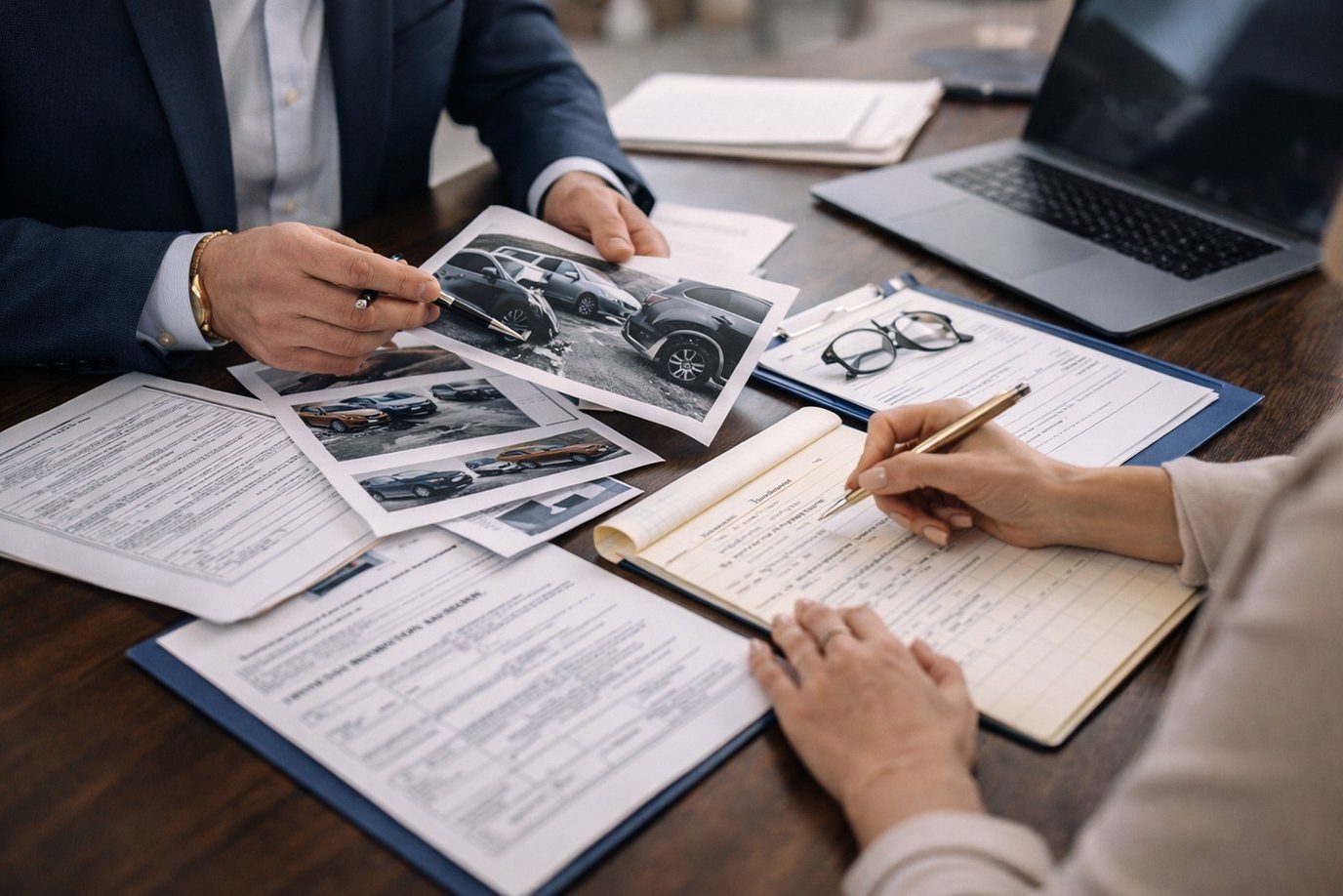 Attorney reviewing accident evidence and claim documents
