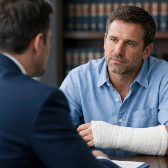 Injured client in an arm sling speaking with an attorney about a case review