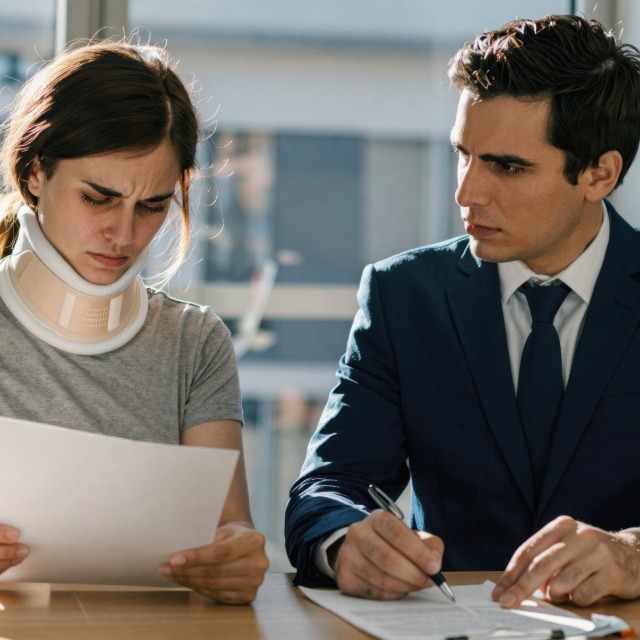 Injured client in a neck brace reviewing a case with an attorney