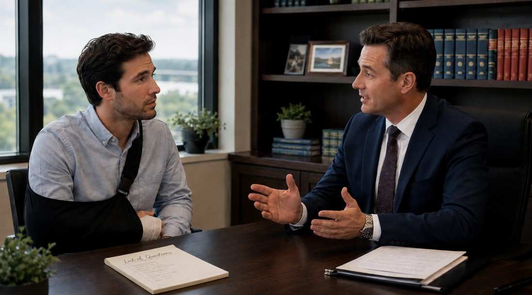 Injured client speaking with a Pinnacle Injury Law attorney during a free case review