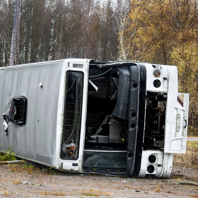 Overturned bus after a roadside accident