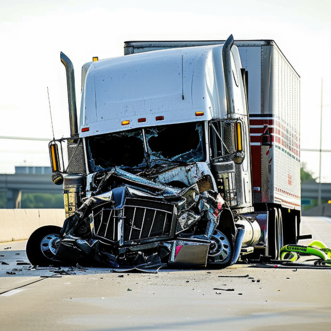 Blue semi-truck with front-end collision damage