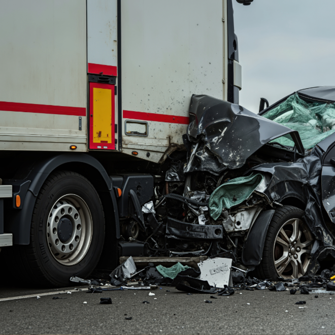 Passenger car crushed under a semi-trailer after an underride crash
