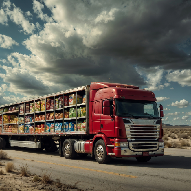 Red commercial cargo semi-truck on a rural road