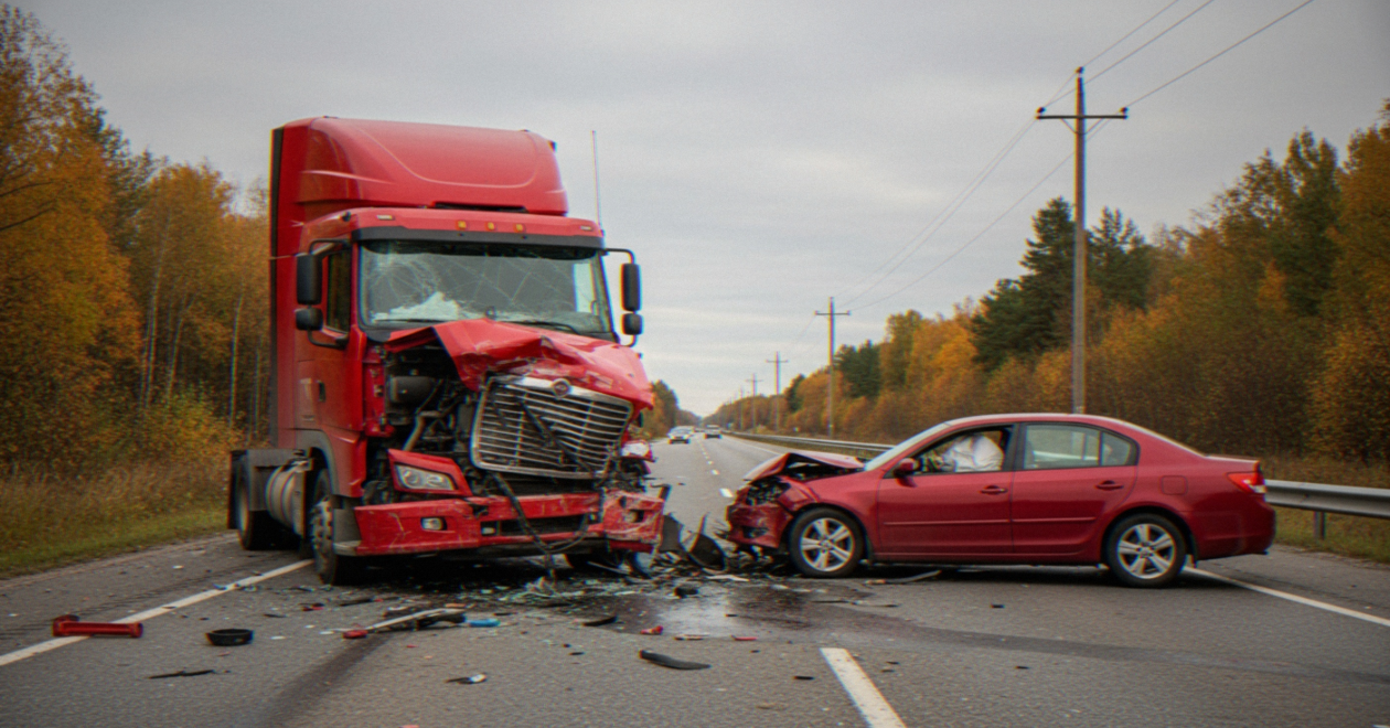 Red semi-truck and car after an intersection collision