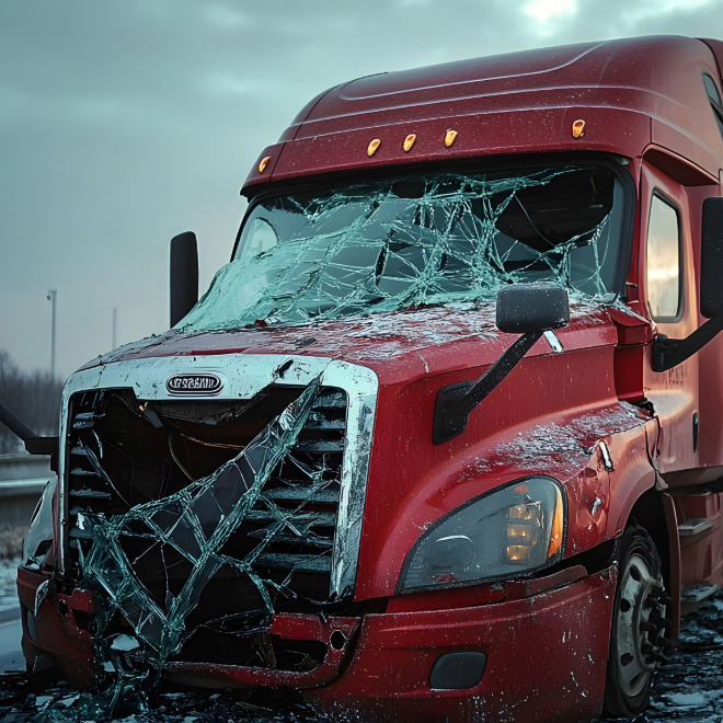 Red semi-truck cab with windshield crash damage