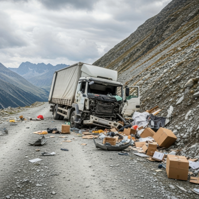 White semi-truck crash with cargo spill on a mountain road