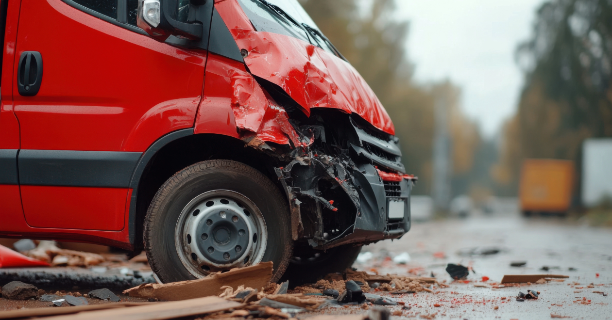 Red delivery van front-end crash debris