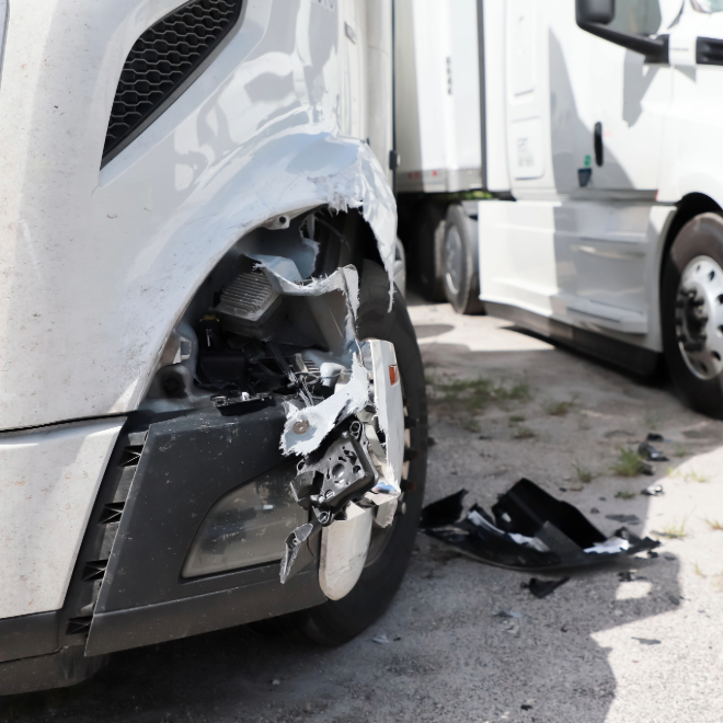 White commercial truck side wheel crash damage