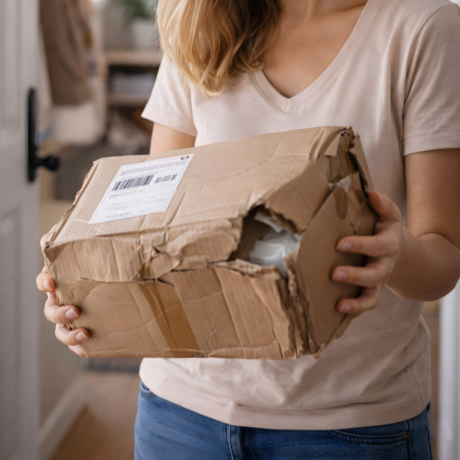 Customer holding a damaged delivery package