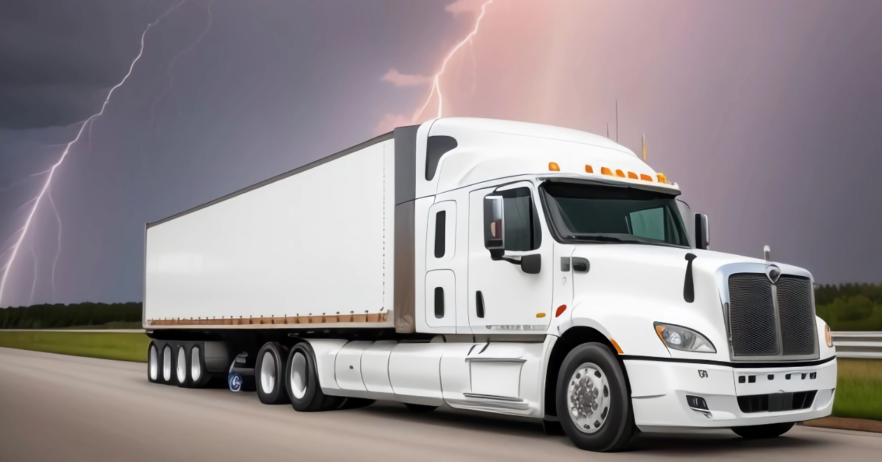 White delivery truck driving in stormy weather