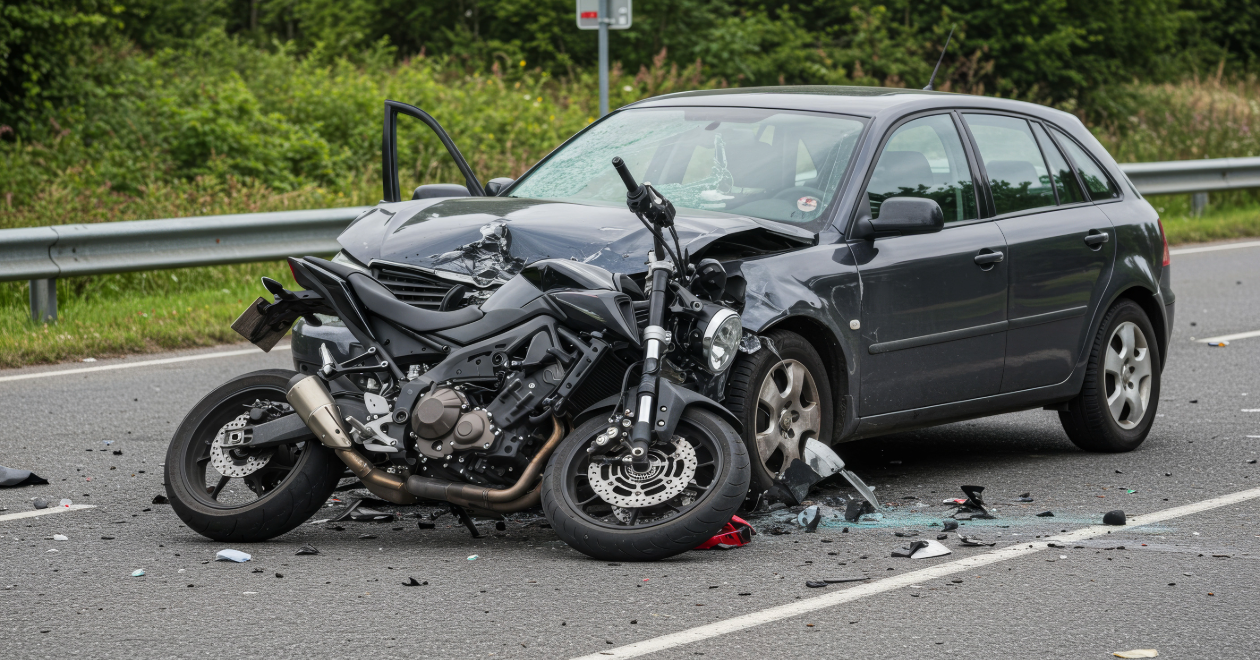 Damaged motorcycle and car on a highway shoulder