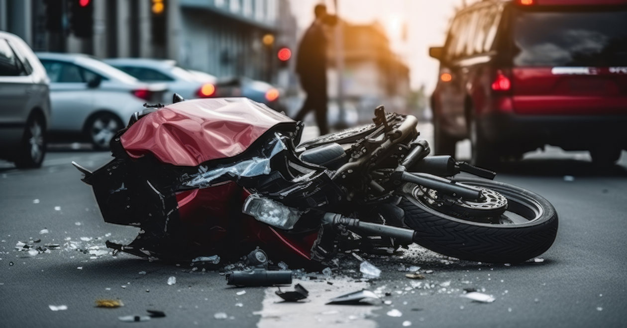 Motorcycle crash on a city street with nearby cars