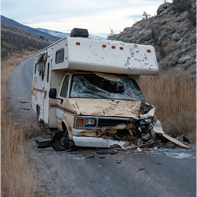 Burned motorhome after a roadside crash