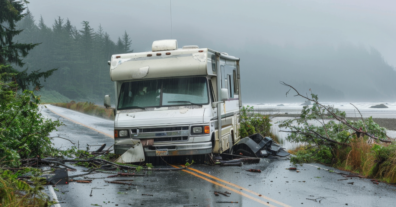 RV on a rainy mountain road