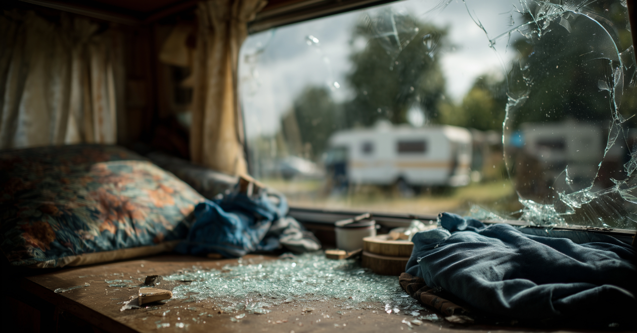 Shattered RV interior projectile damage