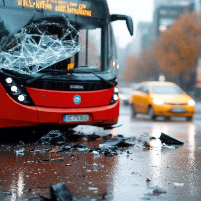 Red party bus front-end crash with debris