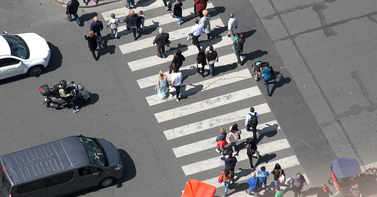 Aerial view of busy crosswalk traffic