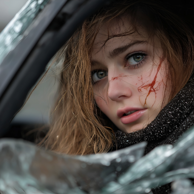 Injured woman inside a car after a crash