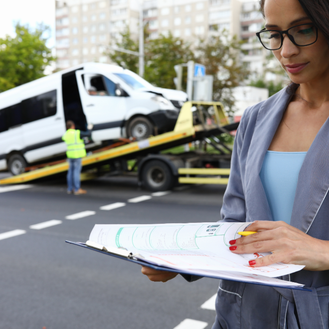 Attorney reviewing claim documents near a tow truck crash scene