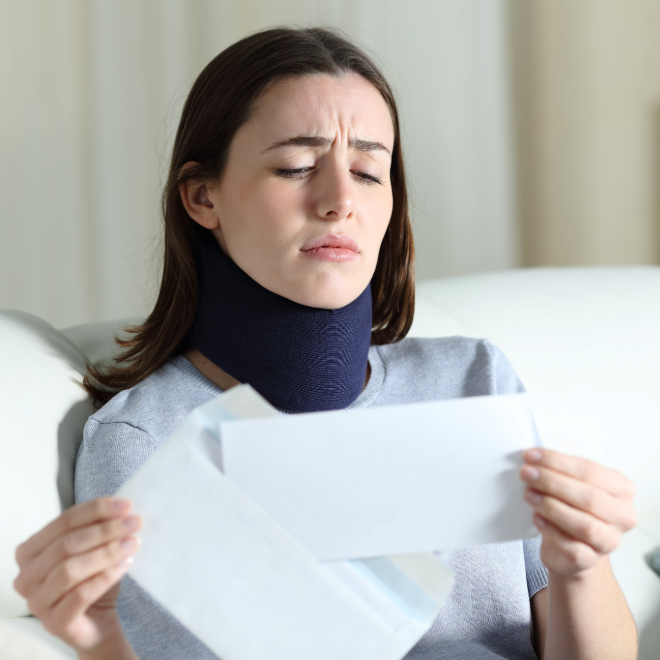 Injured woman wearing a neck brace reading an insurance letter