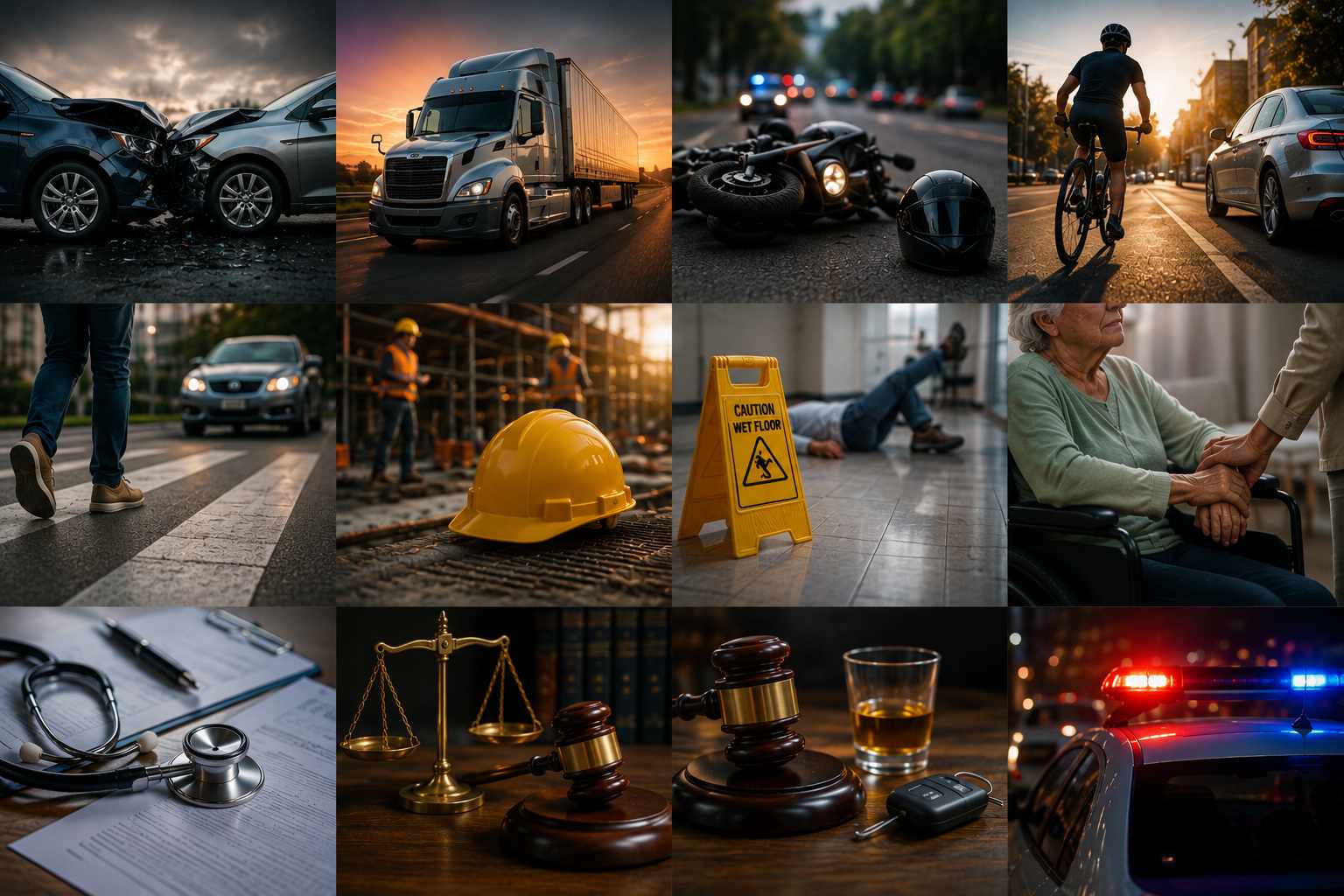 Pinnacle Injury Law practice areas covering vehicle accidents, unsafe property, workplace injuries, and serious injury claims