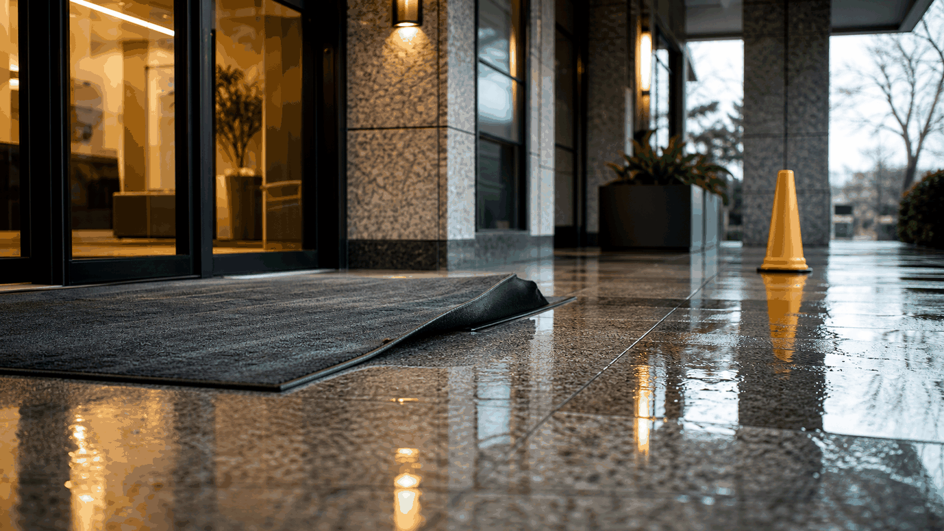 Unsafe property condition with wet flooring and a warning cone for a premises liability claim