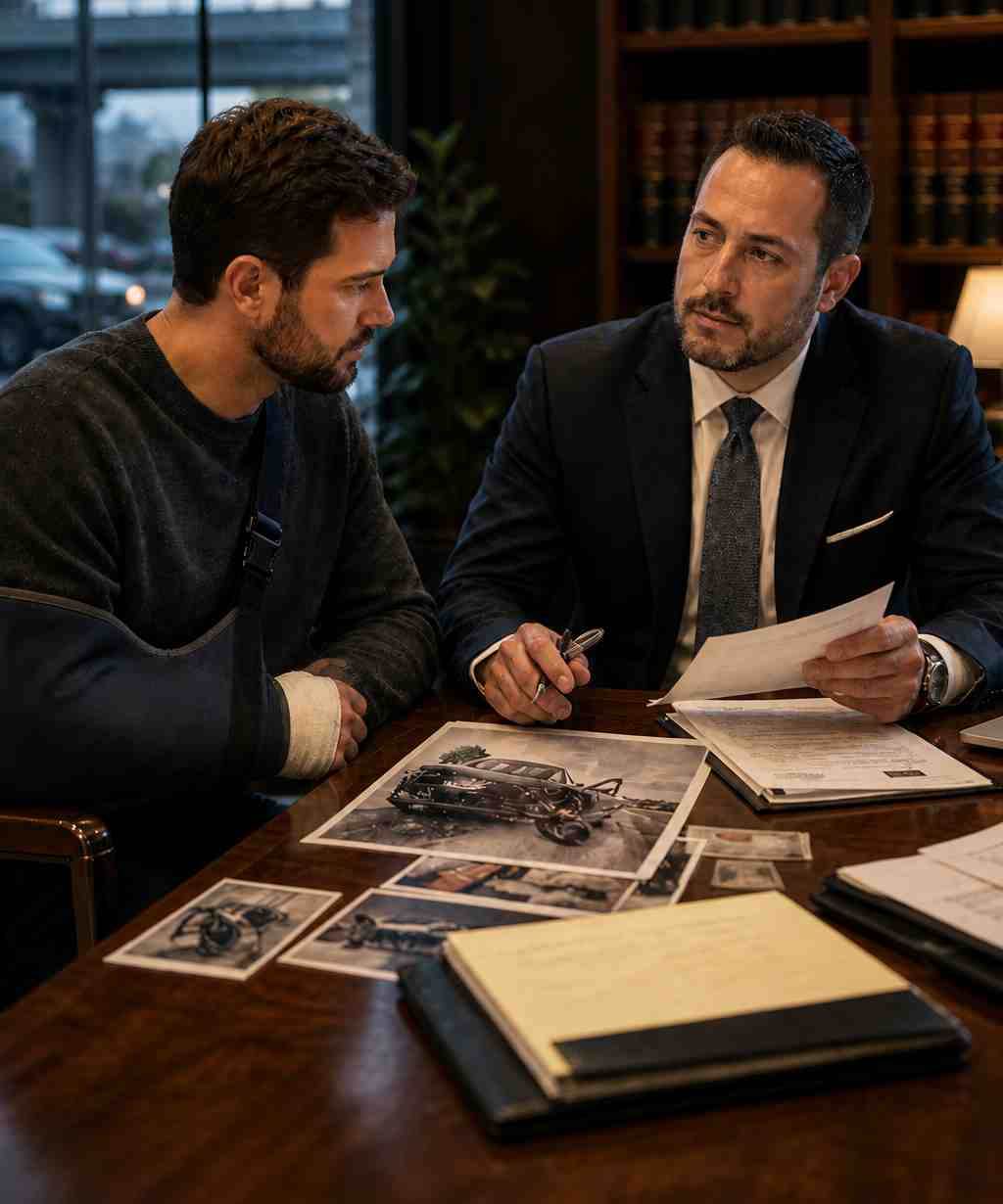 Attorney reviewing vehicle accident evidence during a personal injury case consultation